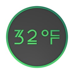 Green number thirty-two in a gray circle on a white background isolate. Degrees Fahrenheit. Air temperature. Rendering illustration.