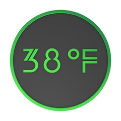 Green number thirty-eight in a gray circle on a white background isolate. Degrees Fahrenheit. Air temperature. Rendering illustration.