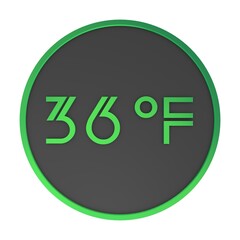 Green number thirty-six in a gray circle on a white background isolate. Degrees Fahrenheit. Air temperature. Rendering illustration.