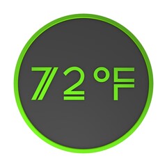 Yellow number seventy-two in a gray circle on a white background isolate. Degrees Fahrenheit. Air temperature. Rendering illustration.