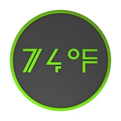 Yellow number seventy-four in a gray circle on a white background isolate. Degrees Fahrenheit. Air temperature. Rendering illustration.