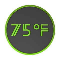 Yellow number seventy-five in a gray circle on a white background isolate. Degrees Fahrenheit. Air temperature. Rendering illustration.