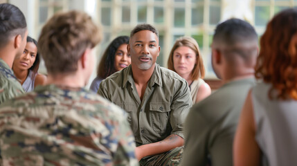 a detailed image of a veteran speaking to a supportive audience in a group therapy setting, with nodding heads and empathetic expressions, Memorial Day, Independence Day, 4th july