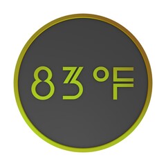 Orange number eighty-three in a gray circle on a white background isolate. Degrees Fahrenheit. Air temperature. Rendering illustration.