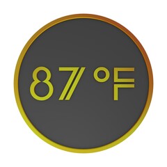 Orange number eighty-seven in a gray circle on a white background isolate. Degrees Fahrenheit. Air temperature. Rendering illustration.