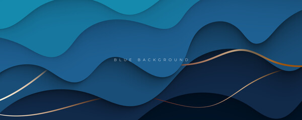 Blue abstract background. Wavy shape composition with gold line vector ilustration