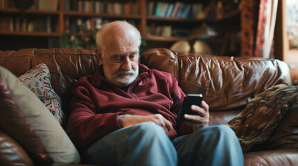 An older gentleman unwinds on a sofa at home,  using mobile