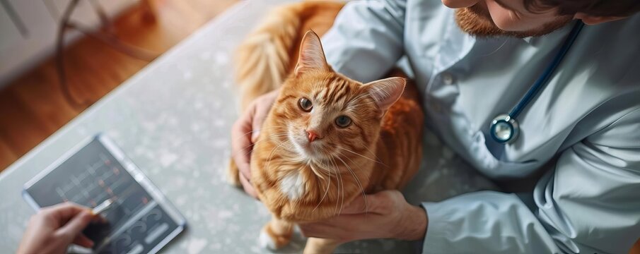 Pet owners comparing pet insurance, vet clinic, top view, ensuring pets  health and finances, technology tone, Monochromatic Color Scheme