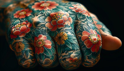 Close-up shot of an intricately tattooed hand, soft natural light, showcasing fine line and shading details, photorealistic, high contrast, sharp focus on the skin texture