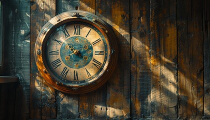 Fototapeta premium Frontal view of an ornate antique wooden clock against a rustic background, high resolution, realistic shadows, soft daylight filtering through, painterly texture