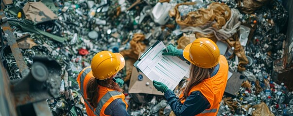 Environmental activists analyzing landfill data, community meeting, top view, advocating for waste reduction, digital tone, Splitcomplementary color scheme