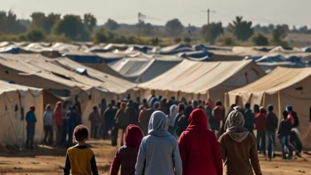 Refugee Camp with Tents and People Walking