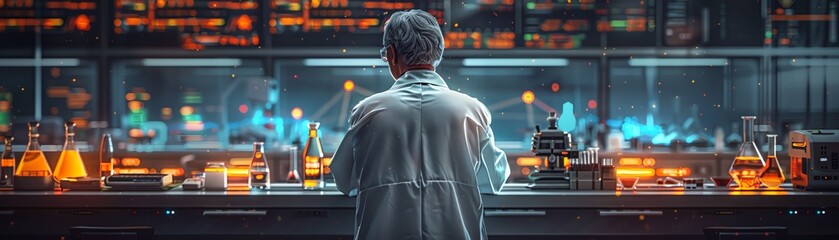 Rear view of a scientist in a pristine lab coat