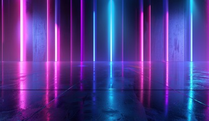 Abstract futuristic background with neon light lines and empty floor reflection in the water