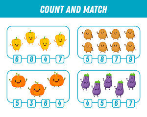 Education game for children count and match of cute cartoon vegetables, printable worksheet. Funny pumpkin, potato, eggplant, pepper.