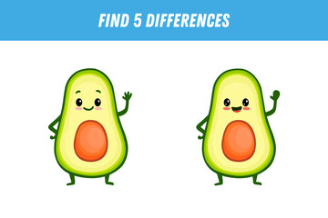 Find 5 differences between two pictures of cute green avocado. Cute avocado.