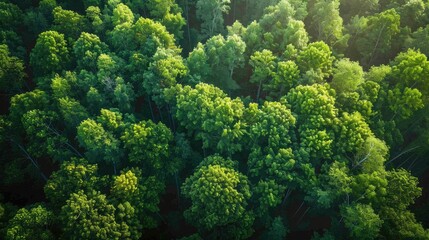 Naklejka premium A Elevated View at Dawn Above Green Forest Trees Representing a Thriving Environment