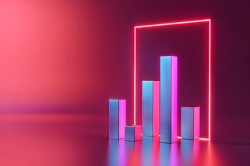 A colorful bar graph on a black background, in an isometric view, with small spheres and cubes