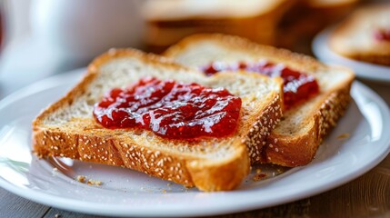 Two slices of toast with jam on a plate