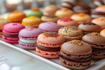 Fototapeta premium Macarons A colorful assortment of macarons in various flavors, such as pistachio, raspberry, and chocolate. Arranged neatly on a white plate.