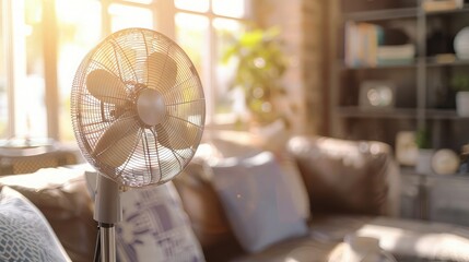 Closeup on electric floor standing fan in the modern living room in sunny hot summer day.