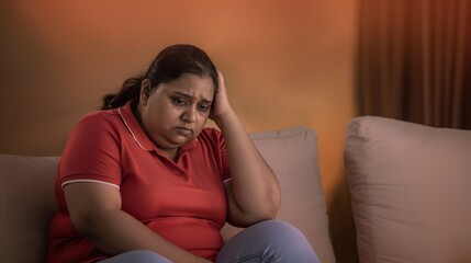 Obraz premium A fat Indian woman sitting on the couch with an expression of sadness and despair