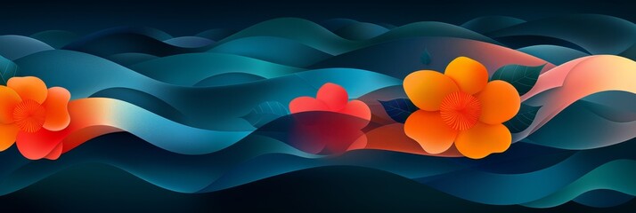 Abstract Floral Design With Orange and Red Flowers on a Blue Wavy Background