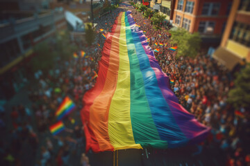 High aerial view of a gay pride rainbow flag being carried by people through a city street