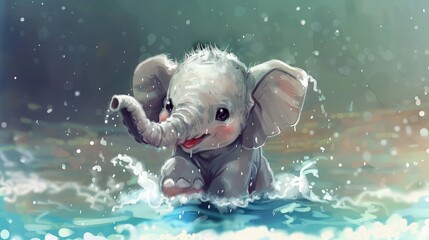 Cute baby cartoon elephant playing with the water , cute animal pictures, Cute baby animal wallpaper, Cute baby animals for kid's room wall art, wall decoration arts for kid's room.
