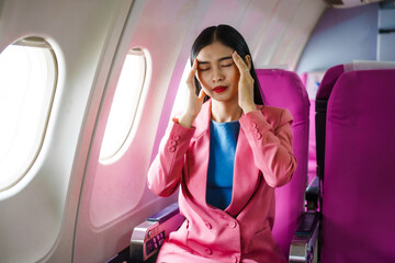 A young Asian female airplane passenger sits by the window during the flight, experiencing pain...