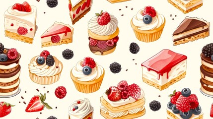 Colorful candy and fruit pattern on light background. Digital art with bright and playful design, showcasing a mix of candies and fruit slicesAI