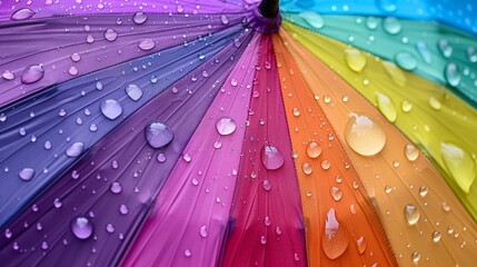 Colorful umbrella with vibrant rainbow hues shielding from rain in a cheerful outdoor setting