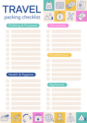 Travel packing checklist, travel planner printable template. Packing must haves for traveling, trip, cruise, summer beach vacation, road trip, camping. Organizer, to do list. Preparing for journey.