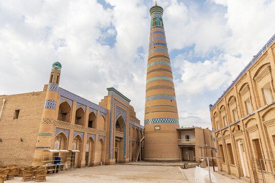Islam Khodja Minaret at the Itchan Kala, the walled inner town of the city of Khiva in Uzbekistan