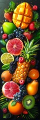 A Vibrant Collection of Fresh Fruits and Berries Arranged on a Dark Background