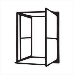 A line-drawn illustration of a window or mirror in black and white. 