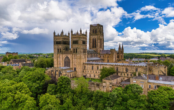 An aerial view of the Durham Cathedral, castle in Durham, UK