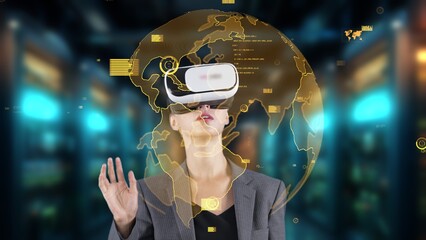 Woman pressing start opening analyze world finance data color green or orange through VR glasses turn around global interface digital infographic network technology virtual 3D animation. Contraption.