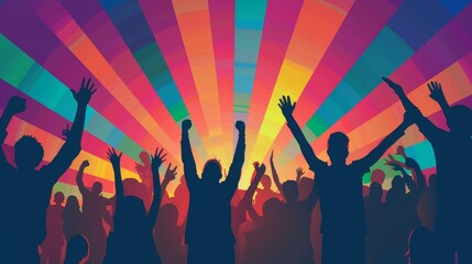 A group of people are standing in a rainbow with their hands raised