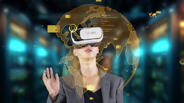 Woman pressing start opening analyze world finance data color green or orange through VR glasses turn around global interface digital infographic network technology virtual 3D animation. Contraption.
