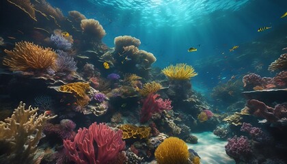 A picture of the underwater sea full of coral reefs.