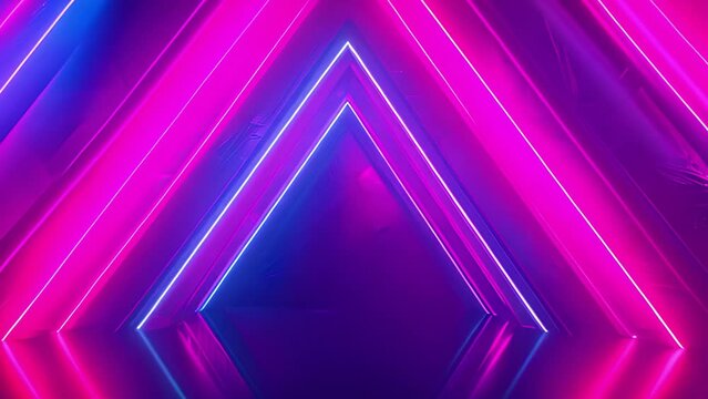 A digitally rendered image featuring a vibrant neon light display. The lights create a pattern of triangles in shades of pink and blue against a dark, textured background.