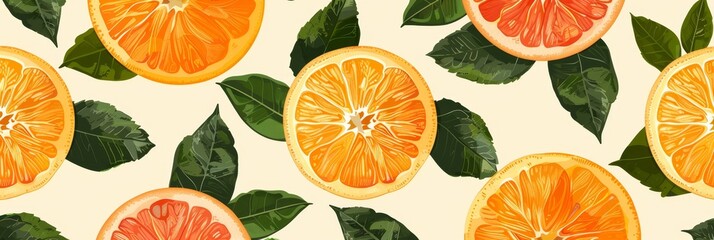 Elegant Abstract Fruit Background With Orange and Grapefruit Slices and Green Leaves