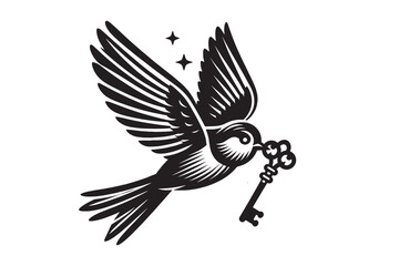 A flying bird carries a key in its beak. Vector engraving illustration, cut out, print, emblem
