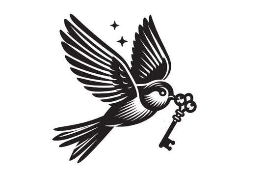 A flying bird carries a key in its beak. Vector engraving illustration, cut out, print, emblem