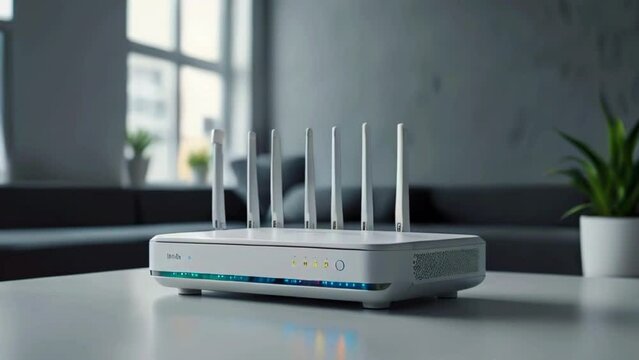 A white Wi-Fi router with six antennae is sitting on a white table.