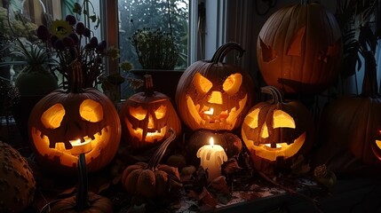 Obraz premium Four Jack-o'-Lanterns Lit up on a Wooden Table at Night