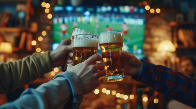 Beer toast during a soccer match on a blurry bar background