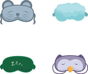 Collection of cute illustrated sleep masks in various colors and animal designs