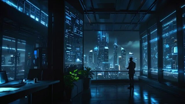 The video is of a person standing in a futuristic room with a large window looking out onto a city at night.